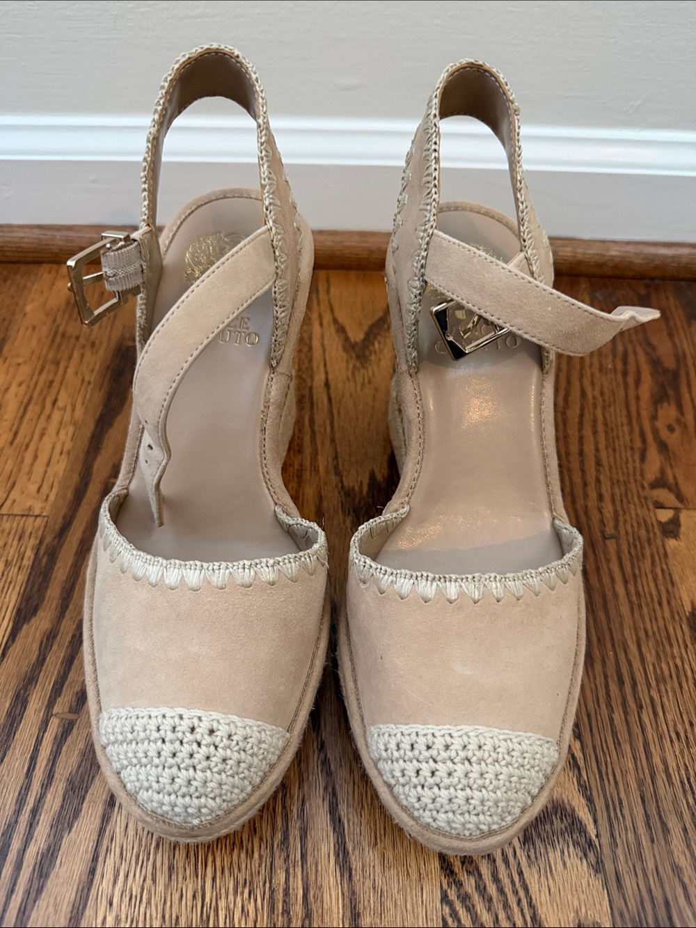 Vince Camuto Beige Suede Crochet Espadrille Wedge Sandals